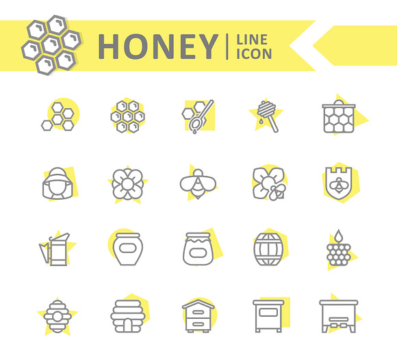 Set of vector honey line icons. Bee, honeycomb, barrel, beekeeper, dipper, jar, flower, beehive, pot, hexagon, beeswax, spoon and more. Editable Stroke. in Graphics - product preview 2
