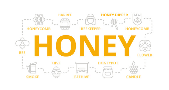 Set of vector honey line icons. Bee, honeycomb, barrel, beekeeper, dipper, jar, flower, beehive, pot, hexagon, beeswax, spoon and more. Editable Stroke. in Graphics - product preview 3