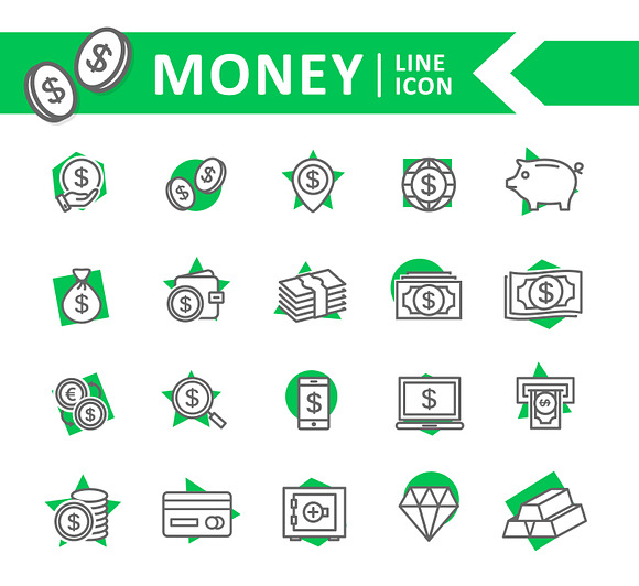 Set of vector bank and money line icons. Coin, cash, card, credit, atm, diamont, wallet, gold, deposit, purse, piggy, diamond, dollar, bag and more. Editable Stroke. in Icons - product preview 3
