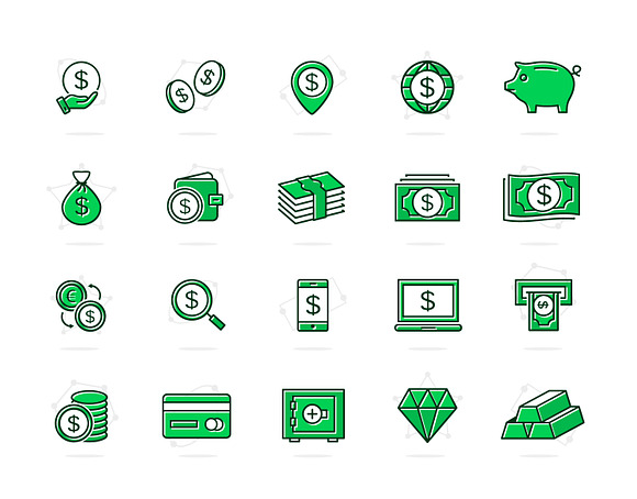 Set of vector bank and money line icons. Coin, cash, card, credit, atm, diamont, wallet, gold, deposit, purse, piggy, diamond, dollar, bag and more. Editable Stroke. in Icons - product preview 5