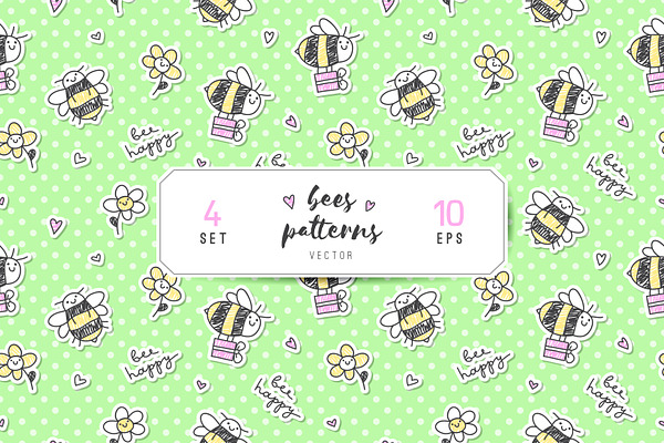 Cute fat bees, seamless patterns