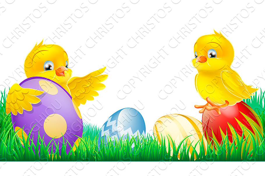 Cute yellow chicks and Easter eggs