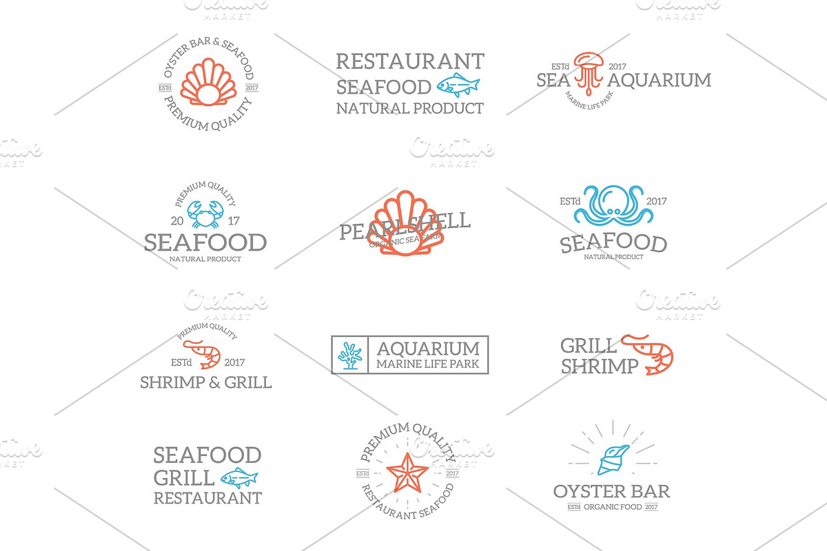 Set of retro vintage fish and seafood logo or insignia, emblems, labels and badges and other branding objects. Vector line style in Logo Templates - product preview 8