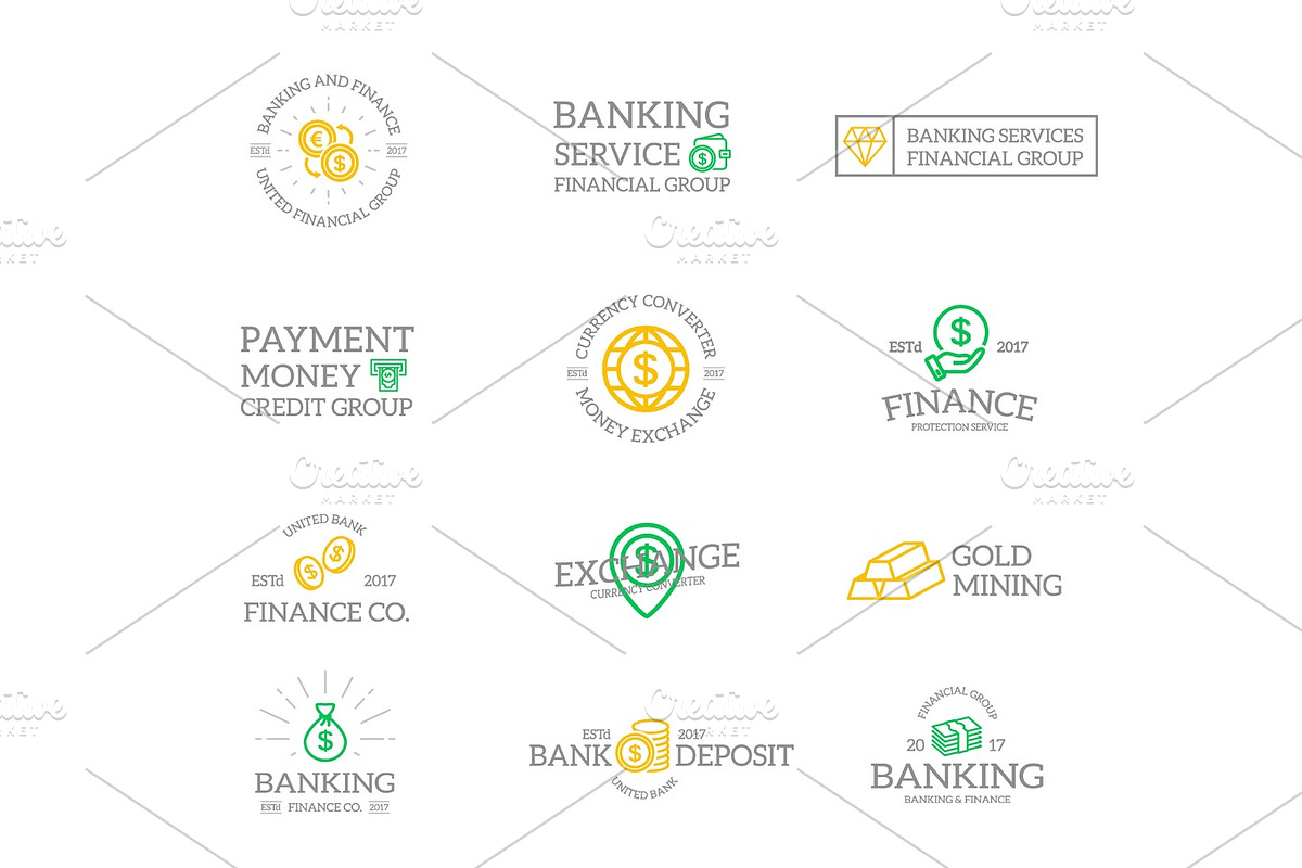 Set of retro vintage money and bank logo or insignia, emblems, labels and badges and other branding objects. Vector line style in Logo Templates - product preview 8