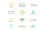 Set of retro vintage money and bank logo or insignia, emblems, labels and badges and other branding objects. Vector line style