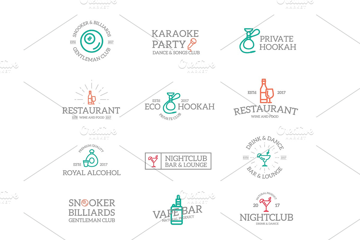 Set of retro vintage night club, karaoke, disco logo or insignia, emblems, labels and badges and other branding objects. Vector line style in Logo Templates - product preview 8