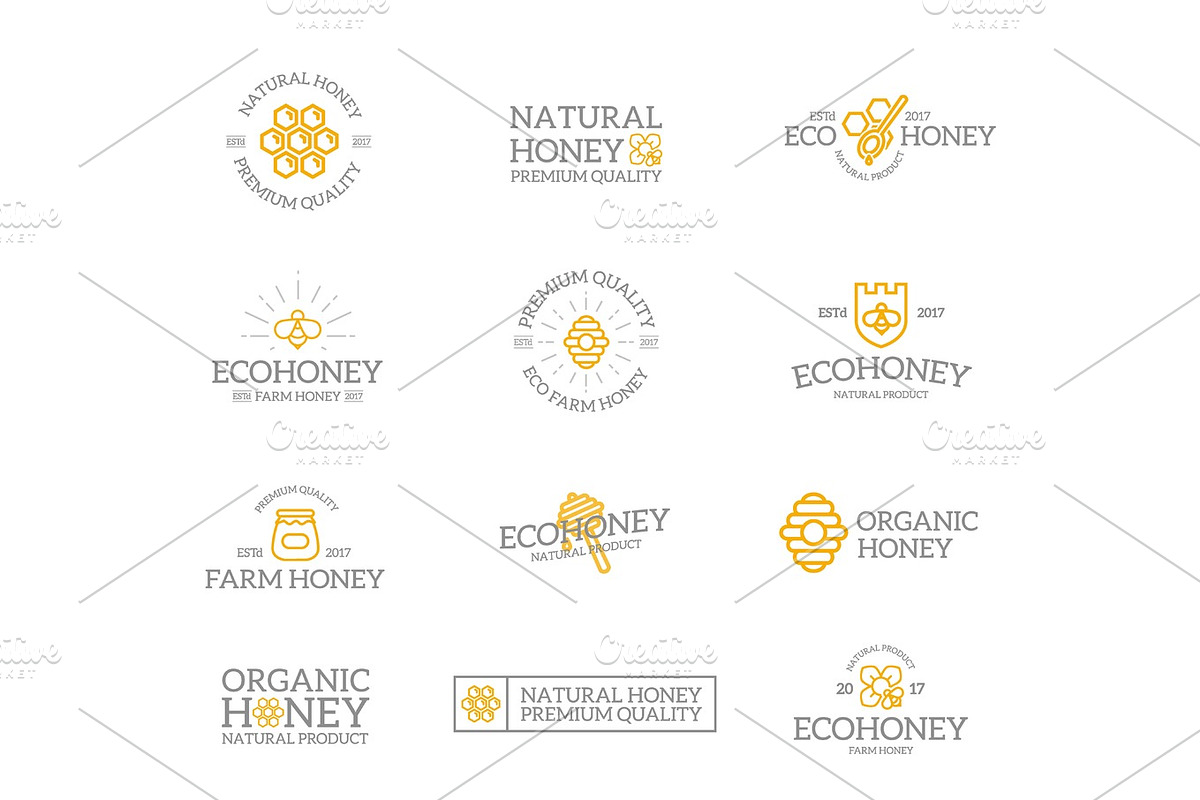 Set of retro vintage honey and bee logo or insignia, emblems, labels and badges and other branding objects. Vector line style in Logo Templates - product preview 8
