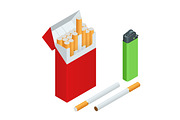 Lighters, cigarettes pack, cigarette isometric