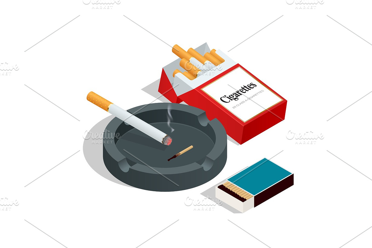 Isometric Box of matches, cigarettes pack, cigarette in Objects - product preview 8