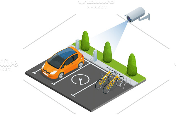 Isometric CCTV security camera of electric car parking