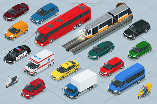 Car icons. Flat 3d isometric high quality city transport 