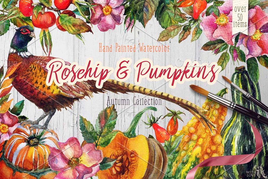 Watercolor Rosehip & Pumpkins Set