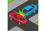 Isometric Traffic Accident involving two vehicles on the road. Car crash template vector flat style. Car crash banner.