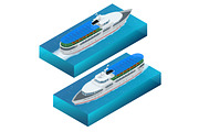 Isometric set of a pleasure boat. Flat vector illustration of pleasure boat tourist yacht to travel by sea transport