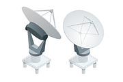 Isometric Satellite dish antennas on white. Wireless communication equipments