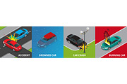 Isometric road accident, drowned car, car crash, burning car concept Vector illustration Accident road situation used for workflow layout, game, diagram, number options, web design and infographics