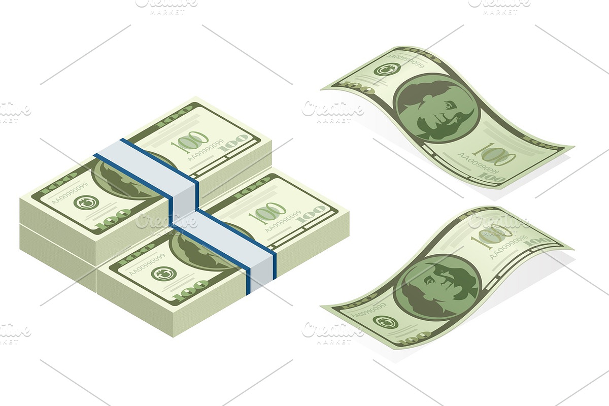 Isometric vector packages of banknotes. Hundreds of american dollars isolated on white background illustration. Every denomination of US currency note. Back sides of money bills in Illustrations - product preview 8