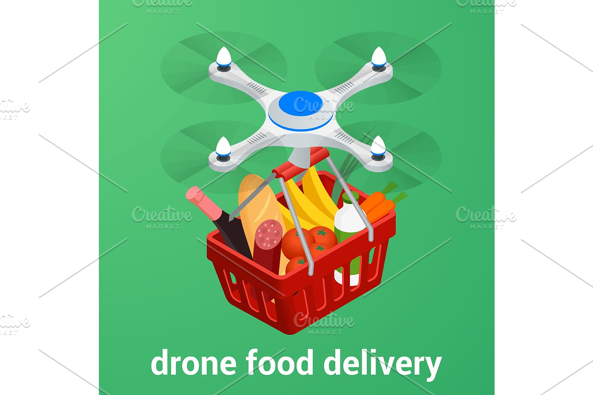 E-commerce concept order food online website. Drone delivery healthy food online service. Flat isometric vector illustration. Can be used for advertisement, infographic, game or mobile apps icon in Illustrations - product preview 8