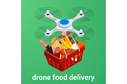 E-commerce concept order food online website. Drone delivery healthy food online service. Flat isometric vector illustration. Can be used for advertisement, infographic, game or mobile apps icon