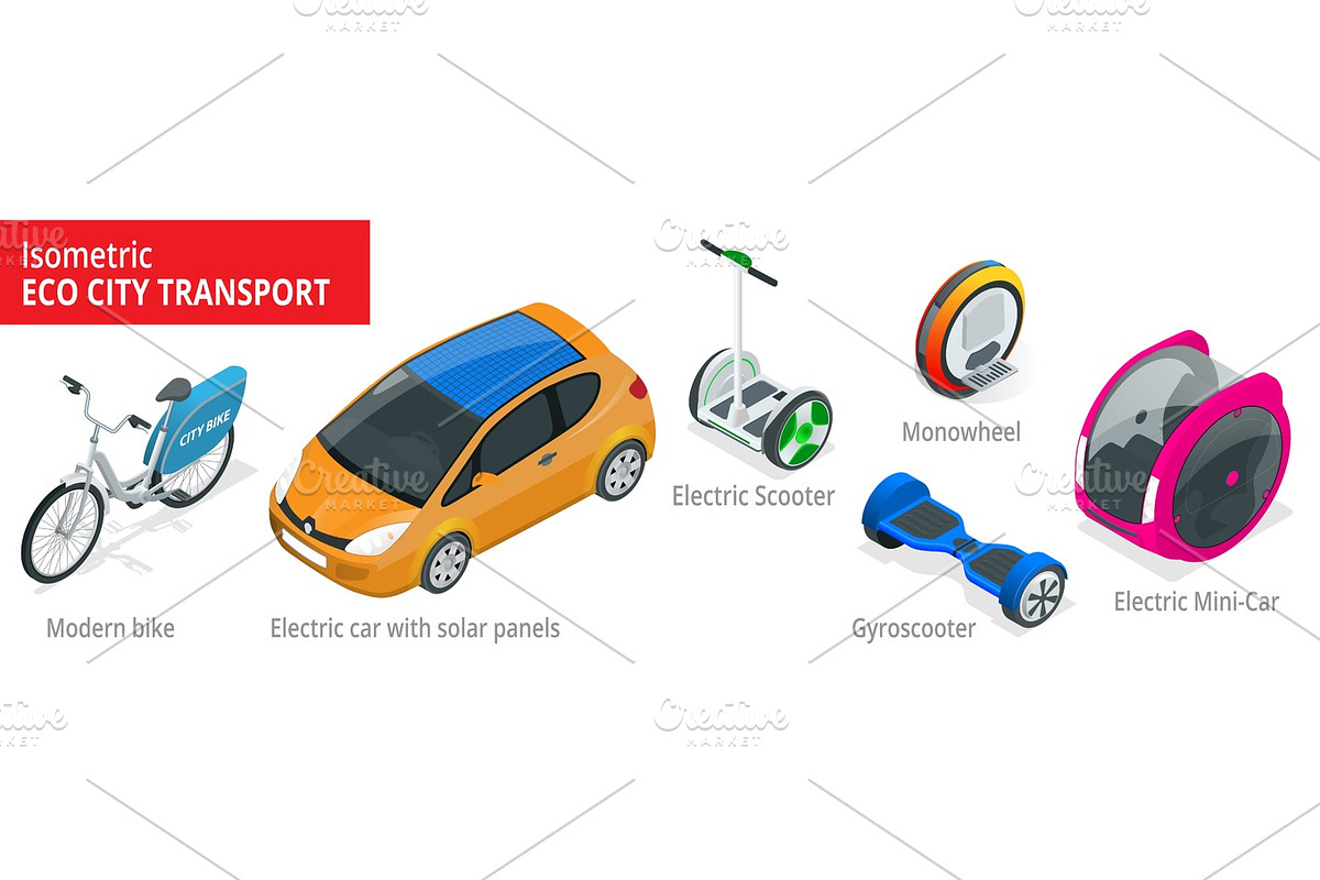 Isometric set of Alternative Eco Transport isolated on a background. Modern bike, electric car with solar panels, electric scooter, gyroscooter, monowheel, electric mini car in Illustrations - product preview 8
