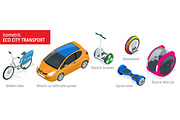 Isometric set of Alternative Eco Transport isolated on a background. Modern bike, electric car with solar panels, electric scooter, gyroscooter, monowheel, electric mini car