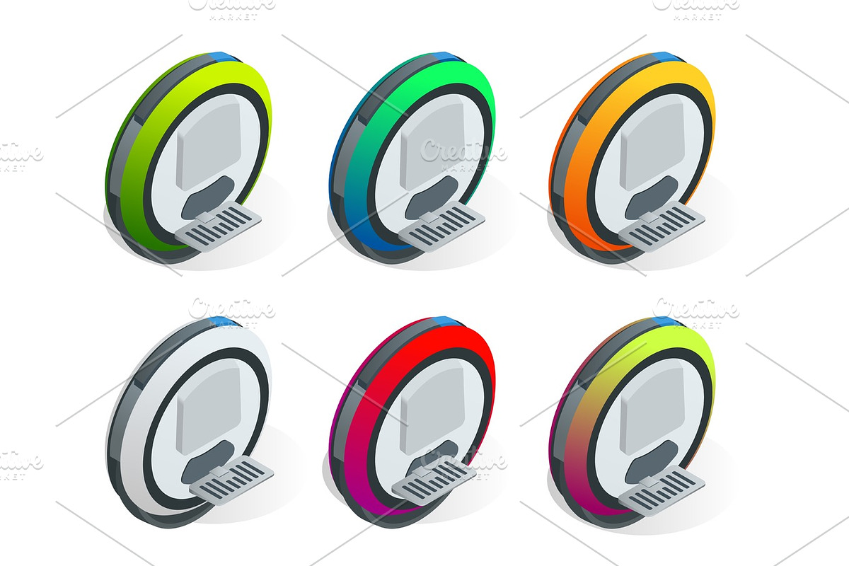 Isometric set of Alternative Eco Transport isolated on a background. Monowheel balance vehicle icon. Flat illustration of monowheel balance vehicle vector icon for web design in Illustrations - product preview 8