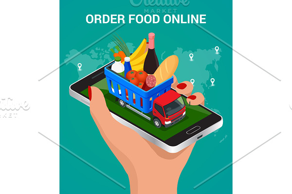 Banners for web site online food order, food delivery and drone delivery. Online shopping concept. Isometric vector illustration