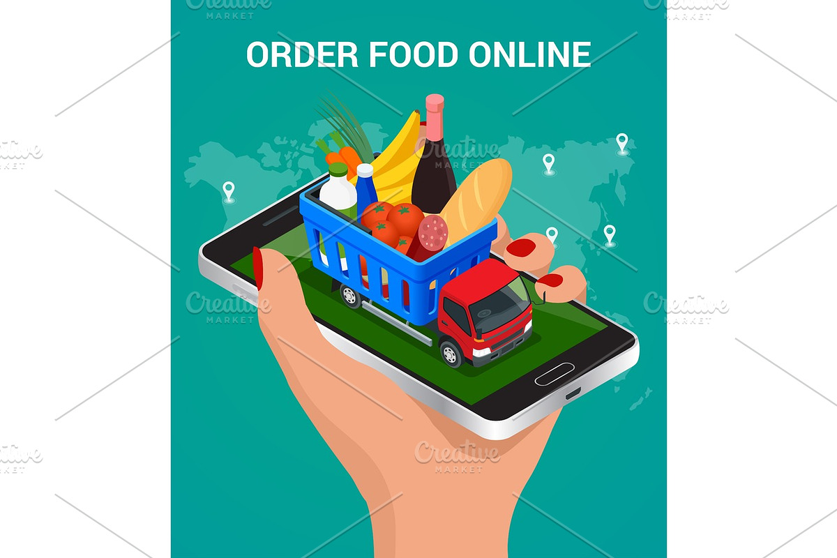 Banners for web site online food order, food delivery and drone delivery. Online shopping concept. Isometric vector illustration in Illustrations - product preview 8