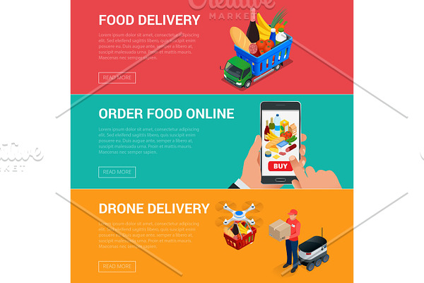 Banners for web site online food order, food delivery and drone delivery. Online shopping concept. Isometric vector illustration