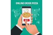 Ecommerce concept order food online website. Fast food pizza delivery online service. Flat isometric vector illustration. Can be used for advertisement, infographic, game or mobile apps icon