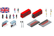 Isometric set of London double decker Red bus and bus stop. United Kingdom vehicle icon set. 3D flat vector illustration. The traditional red Routemaster has become a famous feature of London