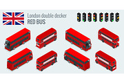 Isometric set of London double decker Red bus. United Kingdom vehicle icon set. 3D flat vector illustration