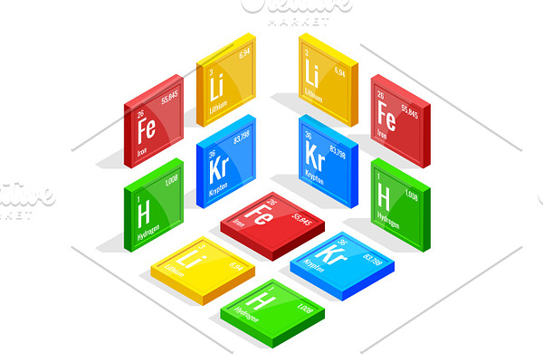 Isometric set of elements of the periodic table Mendeleev s Periodic Table. Vector illustration lithium, iron, krypton, hydrogen