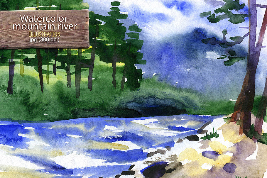 Watercolor mountain river in Illustrations - product preview 8