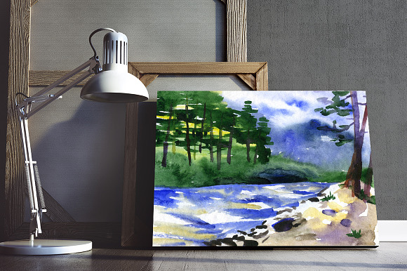 Watercolor mountain river in Illustrations - product preview 1