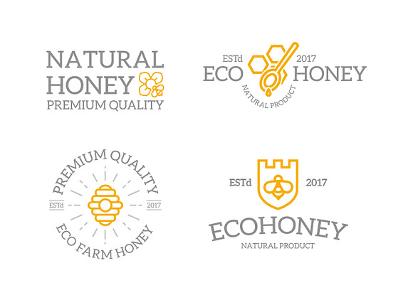 Set of retro vintage honey and bee logo or insignia, emblems, labels and badges and other branding objects. Vector line style in Logo Templates - product preview 1