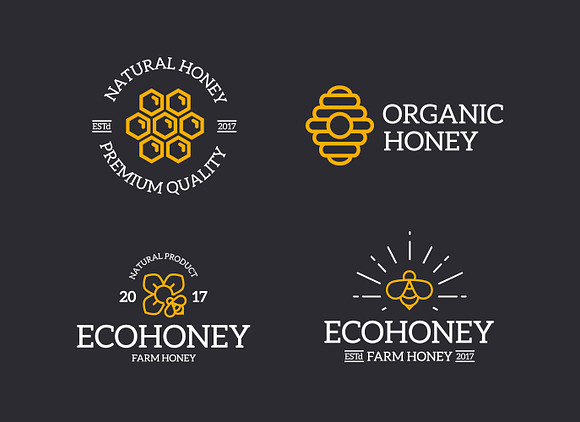 Set of retro vintage honey and bee logo or insignia, emblems, labels and badges and other branding objects. Vector line style in Logo Templates - product preview 3
