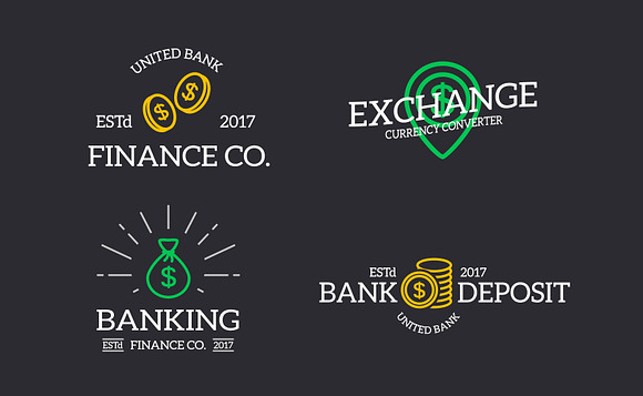 Set of retro vintage money and bank logo or insignia, emblems, labels and badges and other branding objects. Vector line style in Logo Templates - product preview 2