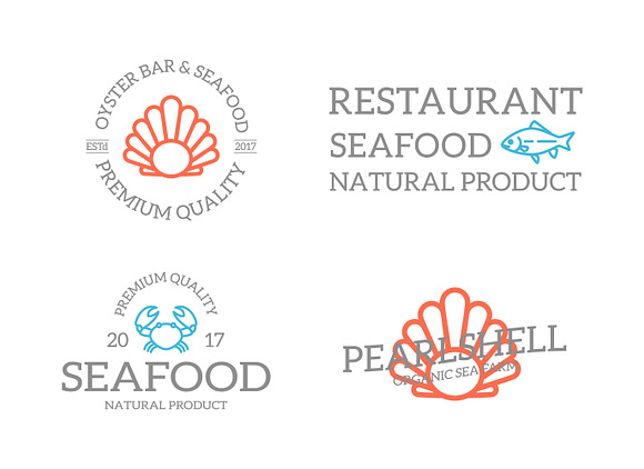Set of retro vintage fish and seafood logo or insignia, emblems, labels and badges and other branding objects. Vector line style in Logo Templates - product preview 1