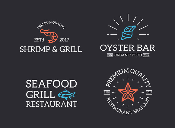Set of retro vintage fish and seafood logo or insignia, emblems, labels and badges and other branding objects. Vector line style in Logo Templates - product preview 2