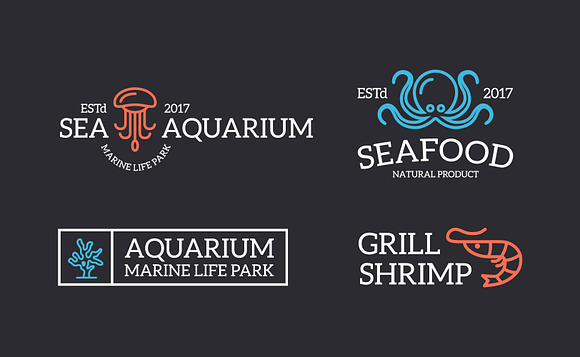 Set of retro vintage fish and seafood logo or insignia, emblems, labels and badges and other branding objects. Vector line style in Logo Templates - product preview 3