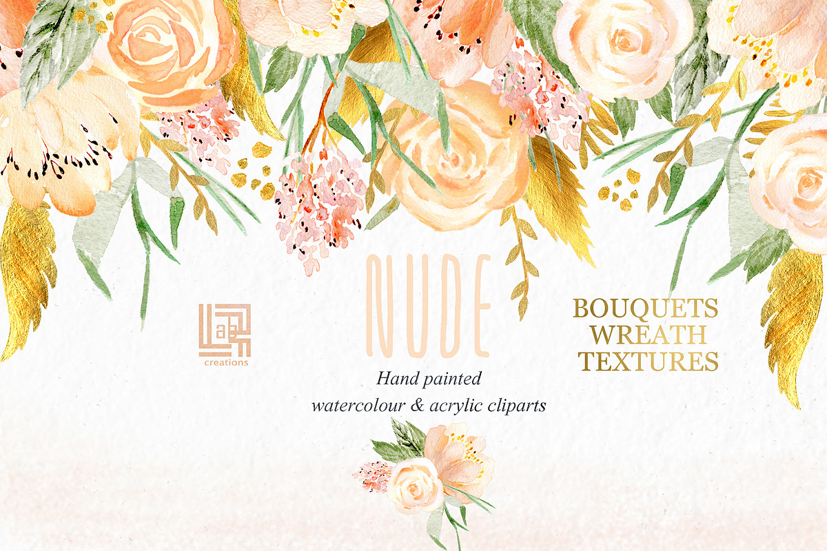 Nude & gold. Watercolor clipart in Illustrations - product preview 8
