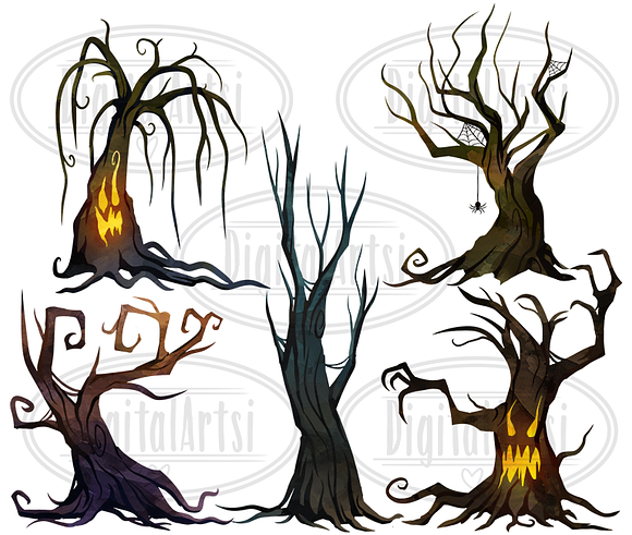 Watercolor Spooky Trees Clipart in Illustrations - product preview 2