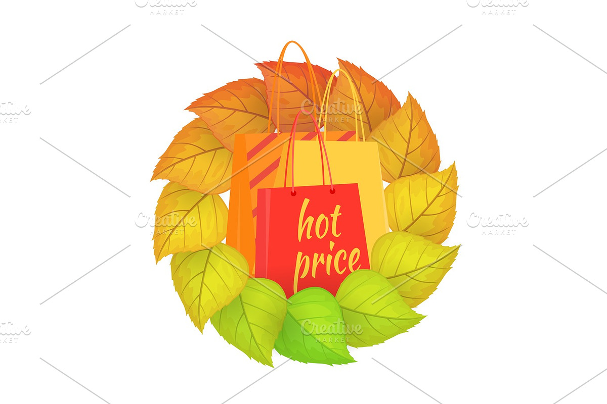 Paper Bags Hot Price in a Wreath from Leaves. in Illustrations - product preview 8