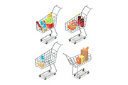 Set of Trolleys with Food. Supermarket Equipment.