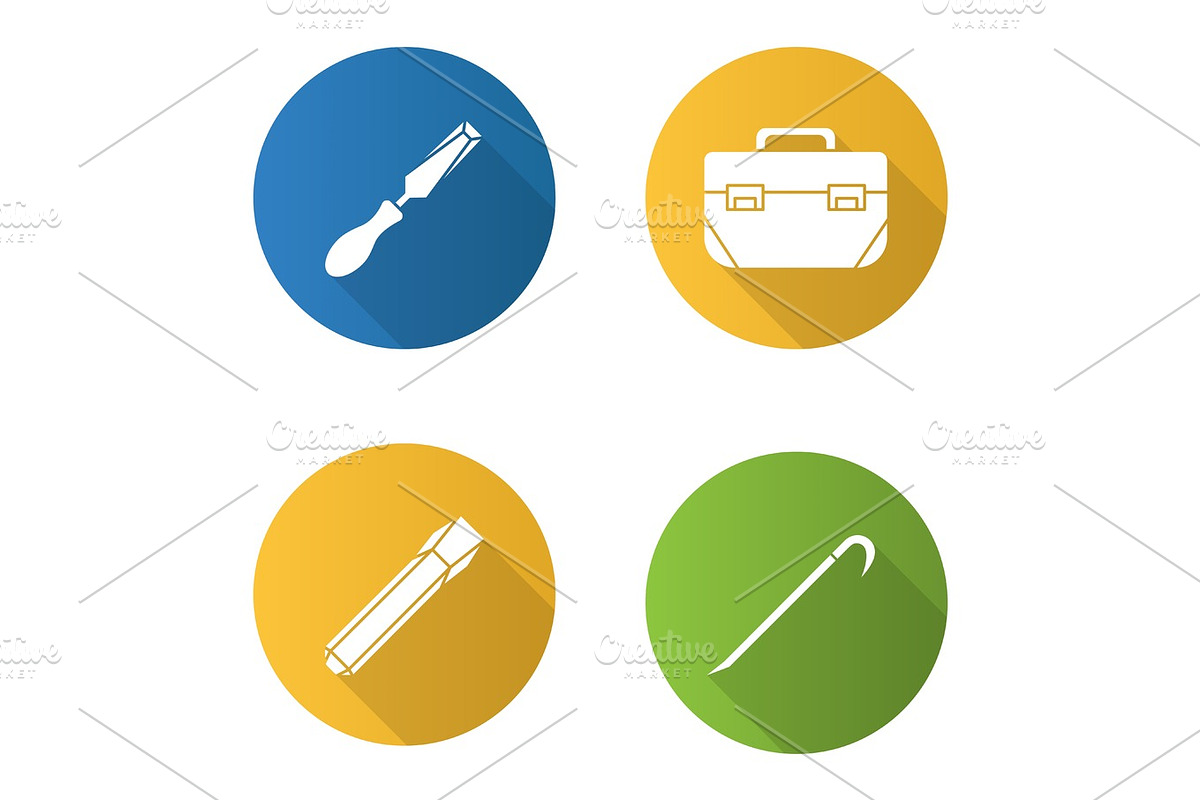 Construction tools flat design long shadow glyph icons set in Graphics - product preview 8