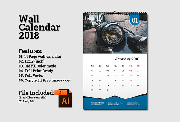 Wall Calendar Template 2018 V5 in Stationery Templates - product preview 1