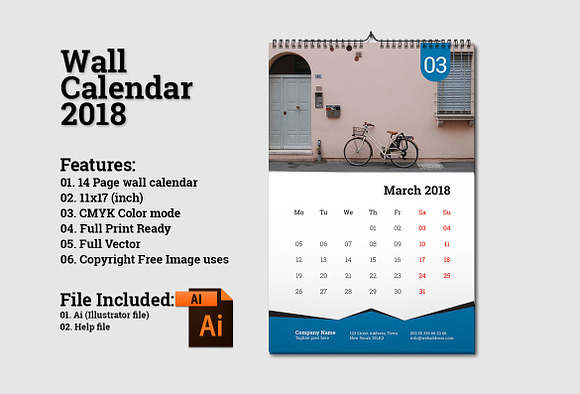 Wall Calendar Template 2018 V5 in Stationery Templates - product preview 2