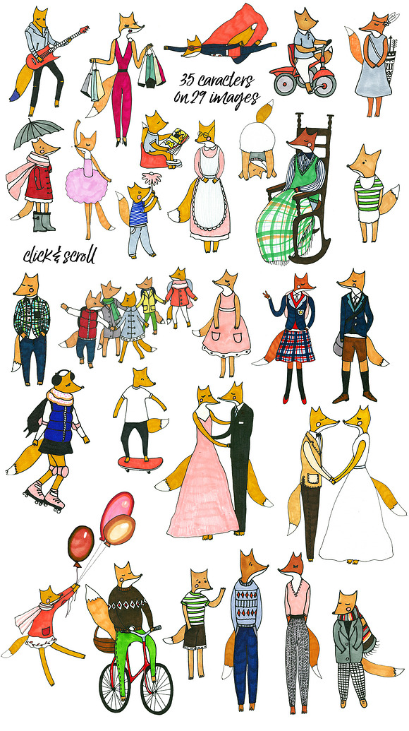 Foxes Hand Drawn Kids Fall Clip Art  in Illustrations - product preview 1
