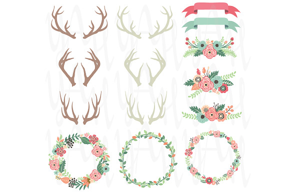 Wedding Floral Wreath Floral Antlers in Illustrations - product preview 1